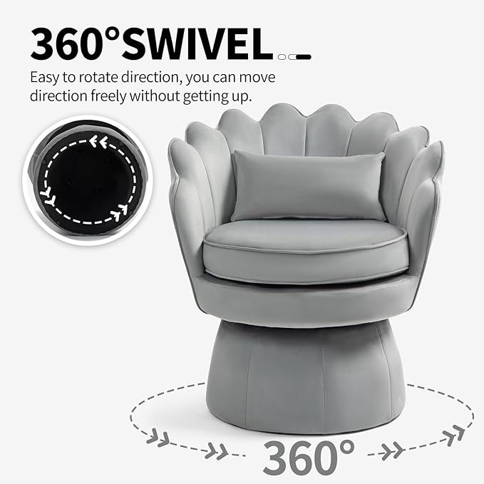 360° Swivel Accent Chair, Mid-Century Modern Velvet Barrel Chair, Comfy Shell Shape Arm Chair with Lumbar Pillow for Living Room, Bedroom, Office, Grey
