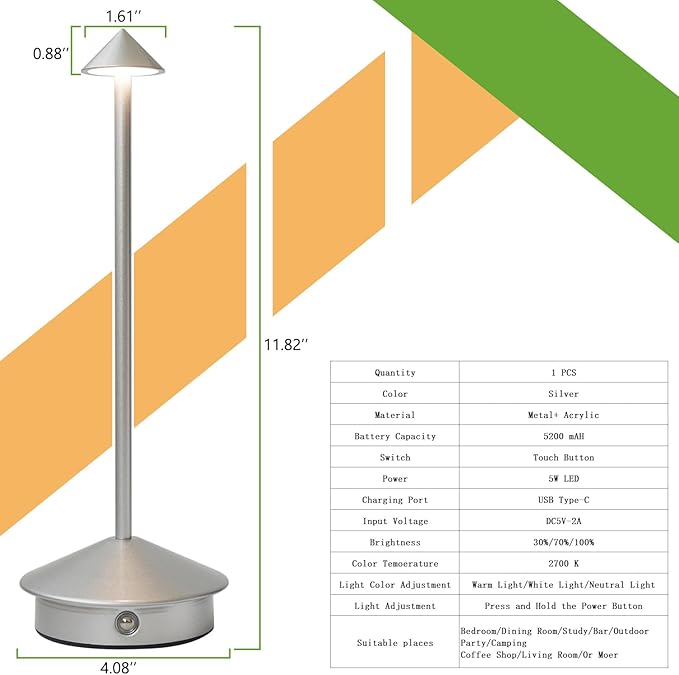 Cordless LED Table Lamp, Rechargeable 5200mAH Battery Operated Lamp for Decor, 3 Color Stepless Dimming Desk Lamps, for Restaurant, Bedroom, Outdoor Camping, Coffee Shop, Night Light