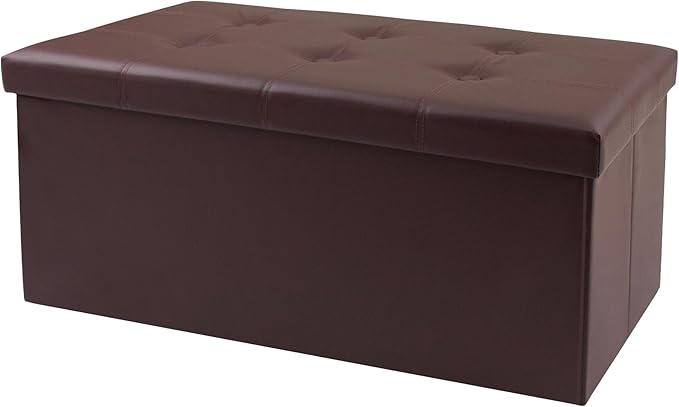 xupersodys 30 Inches Folding Storage Ottoman Bench, Faux Leather Footstool Ottoman, Storage Trunk Footrest for Bedroom, Living Room and Hallway, Support 350lbs, Brown(Brown line)