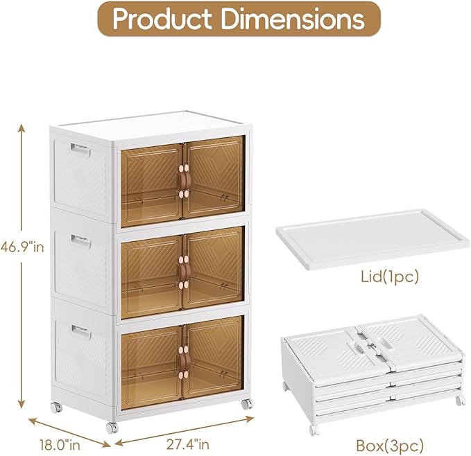 JEKO&JEKO 400Qt Stackable Storage Bins with Lids and Wheels, Foldable Collapsible Plastic Drawer Boxes for Clothes, Home, White, 3 Pack