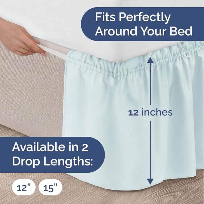 Wrap Around Dust Ruffle Bed Skirt - Ice Blue - for Full Size Beds w/ 12 Inch Drop - Easy Fit Elastic Strap - Adjustable Pleated Bedskirt w/Brushed Fabric - Wrinkle Free - for Women, Men, Kids & Teens