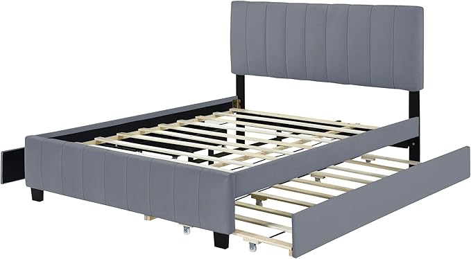 Queen Bed Frame with Trundle Bed,Velvet Upholstered Platform Bed Frame with Storage Drawers,Queen Size Trundle Bed with Headboard for Kids Teens Adults,Gray