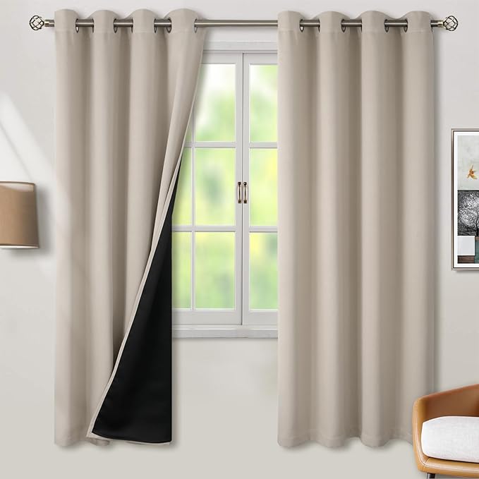BGment Thermal Insulated 100% Blackout Curtains for Bedroom with Black Liner, Double Layer Full Room Darkening Noise Reducing Grommet Curtain (52 x 72 Inch, Cashmere, 2 Panels)