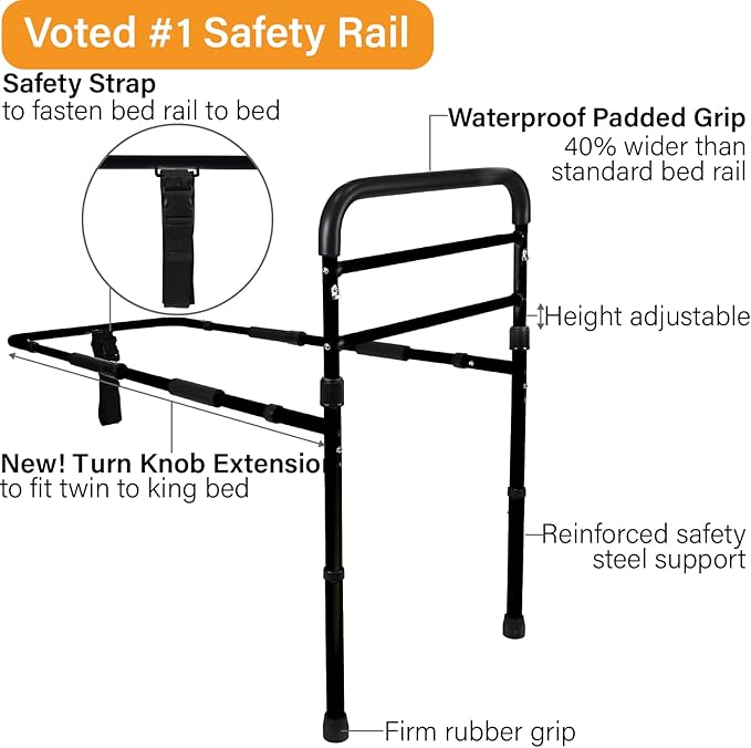 Vaunn Medical New Adjustable Bed Assist Rail Handle (Passed ASTM F3186–17 Safety Standard) and Hand Guard Grab Bar, Bedside Safety and Stability (Tool-Free Assembly)