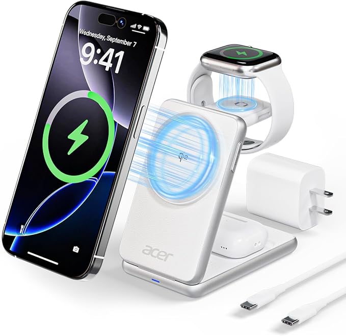 Acer 3 in 1 Charging Station for iPhone, Wireless Charger Stand,15W Fast MagSafe Charger for iPhone 17 16 15 14 13 12 Series-Apple Watch 10 9 8 7 6 5 4 3 2 SE and Ultra Series-Airpods 4 3 2 Pro Series