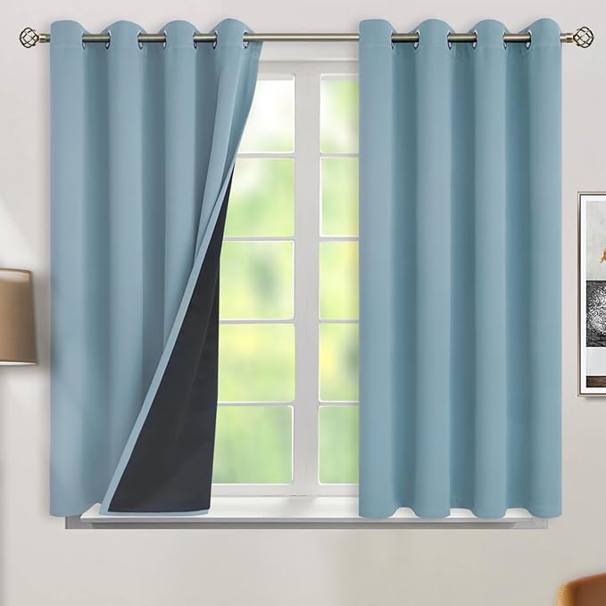 BGment Short 100% Blackout Curtains for Bedroom, Thermal Insulated Lined Energy Efficiency Noise Reducing Grommet Curtains 54 Inch Length for Small Window 2 Panels Each 52 Inch Wide, Greyish Blue