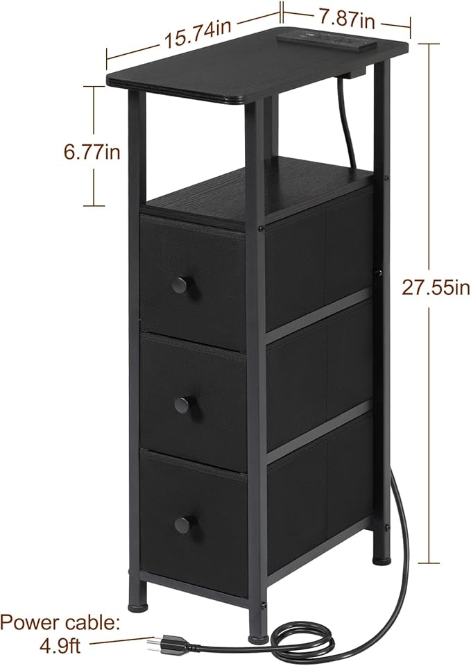 LOAKEKEL Narrow End Table Living Room with Charging Station, Skinny Side Table with Fabric Drawers, Slim LED Nightstand for Bedroom, Small Spaces, Couch, Black, HETNDP03LBK-1