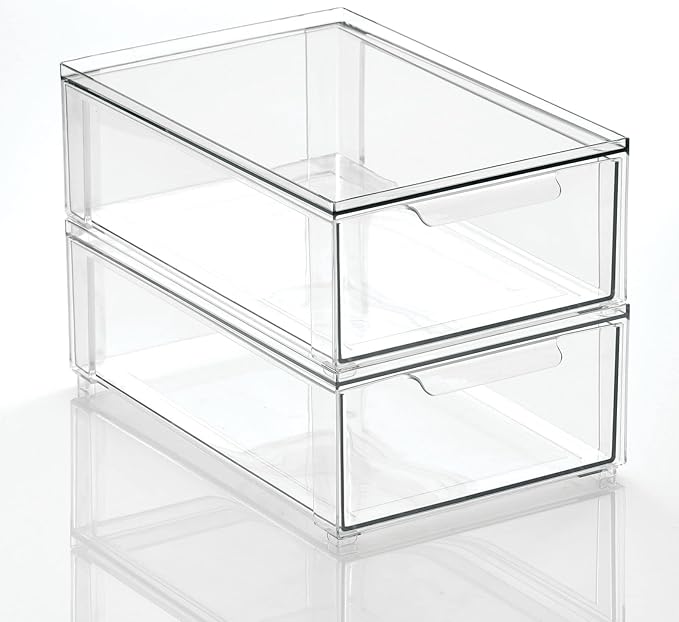 mDesign Plastic Storage Box with Drawer – Low Plastic Shoe Storage Bin – Stackable Box for Accessories etc. – Pack of 2 – Transparent