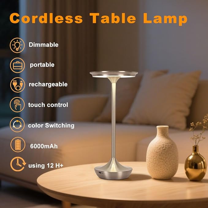 Rechargeable Cordless Table Lamp,Portable Outdoor Battery Operated LED Table Light Touch Control 3 Color Dimmable for Bedroom, Patio, Cofee,Dining Home,Restaurant&Living Room-Silver