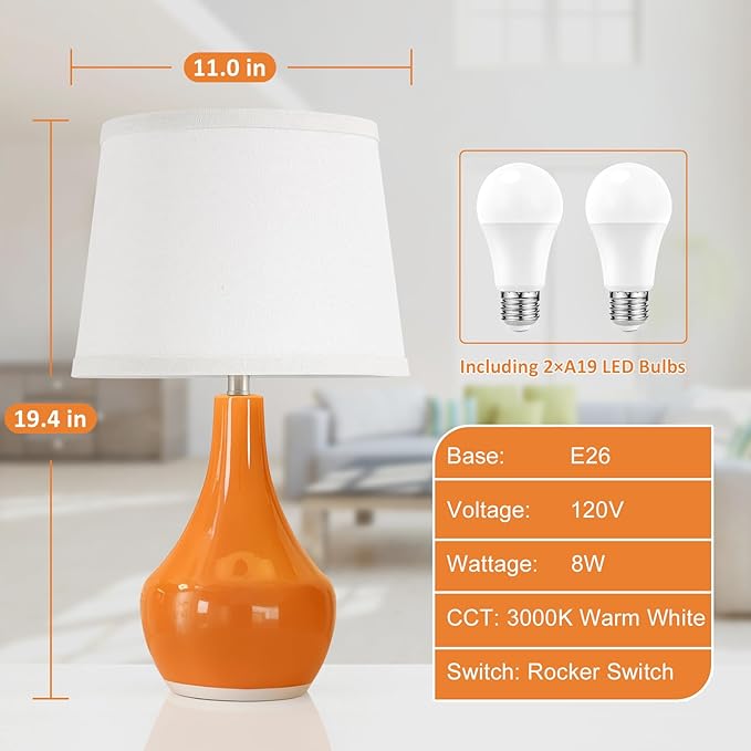 Seealle Modern Ceramic Table Lamps for Night Stands - Bedside Lamps Set of 2 for Nightstand,Orange Bedroom Lamp for Living Room Cute Desk End Table Office Guest Room Dresser Rocker Swtich