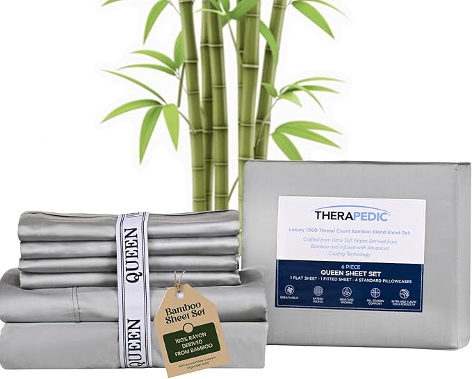 Therapedic 1000TC Queen 6-Piece Sheet Set - 100% Organic Rayon Derived from Bamboo Blend with Cooling Fiber, Ideal for Hot Sleepers - 16" Deep Pocket Fitted Sheet, Bonus Pillowcases - Dark Grey