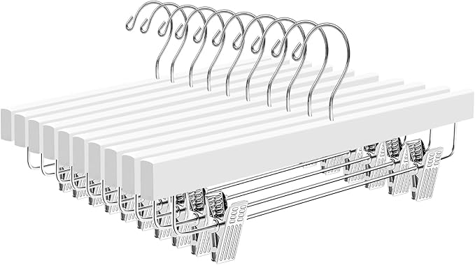 BAGAIL 10 Pack Wooden Pants Hangers with Adjustable Clips, 360°Swivel Hook Space Saving Skirt Holders with Anti-Rust Clips for Trousers, Jeans, Shorts (White)