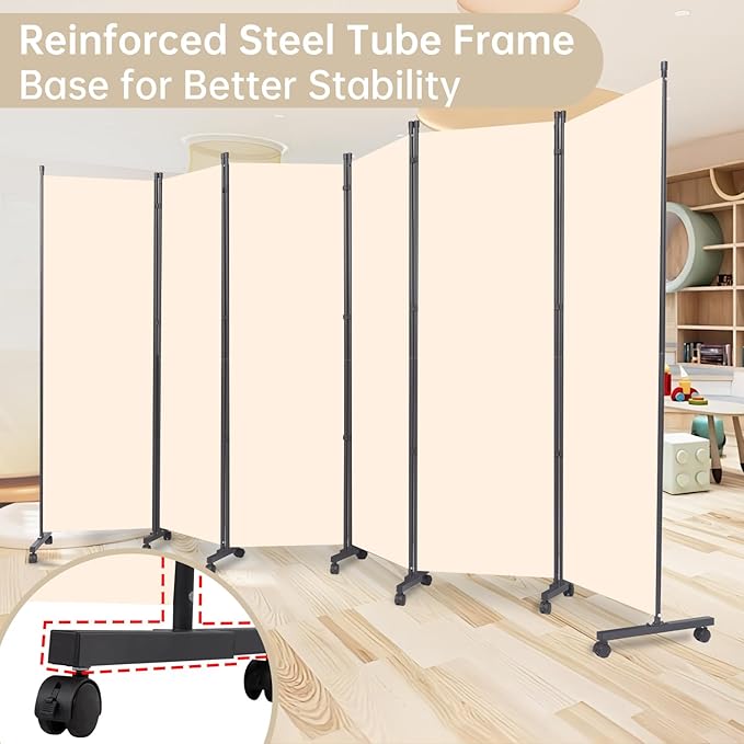 Room Divider Folding Privacy Screens with Wheels, 6FT Tall Divider for Room Separation, Movable Room Partitons and Dividers, Indoor Room Dividers Panel with Fabric (Beige, 6 Panel-132‘’-Wheels)