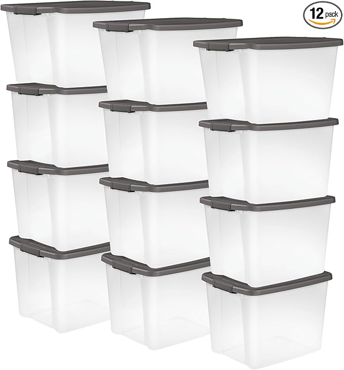Sterilite 12-Pack 50 Quart ShelfTote, Clear Plastic Storage Organizer Bins with Gray Lids – Stackable Home and Office Containers for Closet or Shelves