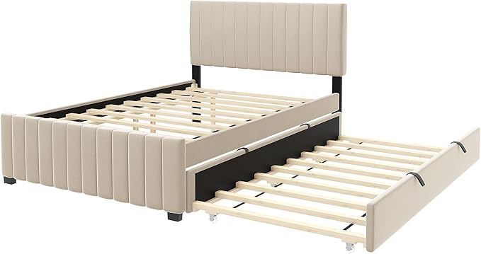 Full Bed Frame with Trundle Bed,Velvet Upholstered Platform Bed Frame,Full Size Trundle Bed with Headboard for Kids Teens Adults(Beige)