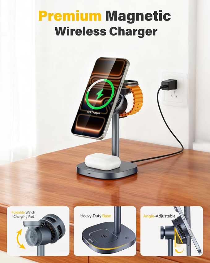25W Qi2.2 Fast Wireless Charger Stand for Apple MagSafe Charger, 3 in 1 Charging Station with TEC Cooling, Magnetic Wireless Charger for iPhone17/16/15/14/13/12, Apple Watch, AirPods, Gifts for Men