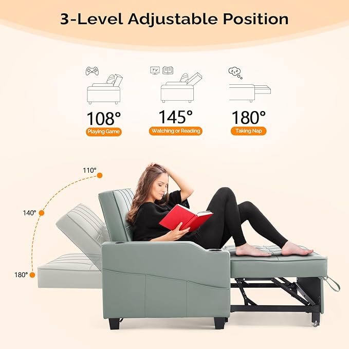 VINGLI Green Futon Sofa Bed Convertible Loveseat Sleeper Couch, Faux Leather Pullout Sofa Fold Out Couch Bed with USB Ports, Cup Holders, Armrest for Living Room, Bedroom Apartment Room