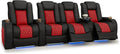 Seatcraft Diamante Zero-Gravity CoolZero Italian Leather Home Theater Seating, Power Headrest, Power Recline, Row of 4 Middle Loveseat, Black/Red