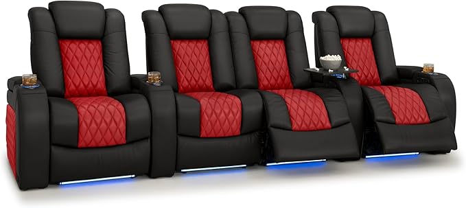 Seatcraft Diamante Zero-Gravity CoolZero Italian Leather Home Theater Seating, Power Headrest, Power Recline, Row of 4 Middle Loveseat, Black/Red