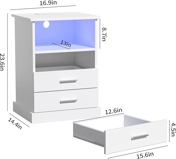Halitaa Nightstand with Charging Station, LED Lights Side Table with 3 Drawers, End Table for Bedroom Ofiice White 2 Set