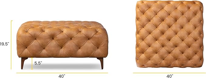 Poly & BARK Turin Ottoman - 40” – Full-Grain Leather Upholstery – Couch Ottoman for Living Room – Vintage Italian Leather in Cognac Tan