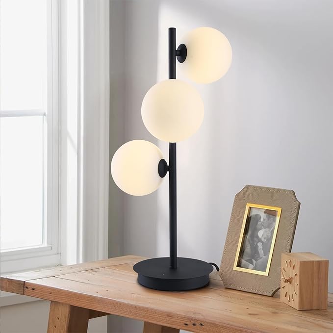 Mid Century Modern Table Lamp, Black Nightstand Lamp, White Glass Globe Desk Lamp, 3 Lights Contemporary Bedside Lamp for Bedroom Living Room Study Room