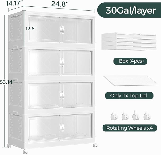 120Gal Stackable Storage Bins with Lid, 480Qt Extra Large Collapsible Storage Box with Doors and Wheels, Plastic Closet Organizer and Storage Cabinet Drawer for Home Kitchen, 4Pack White