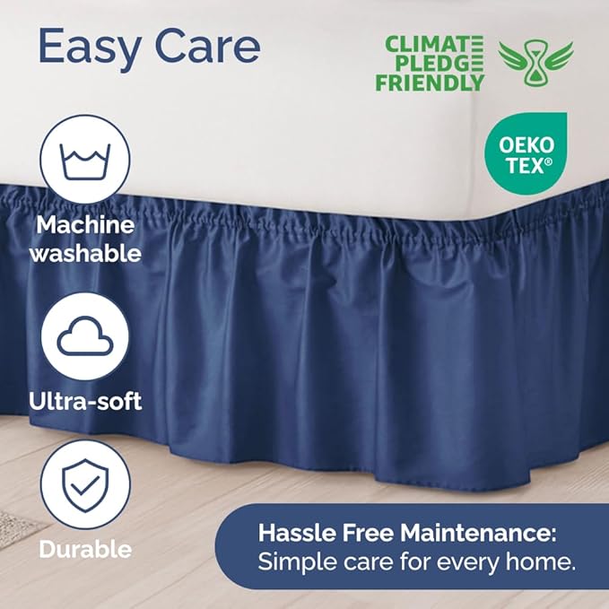 Wrap Around Dust Ruffle Bed Skirt - Navy Blue - for Queen Size Beds w/ 14 Inch Drop - Easy Fit Elastic Strap - Adjustable Pleated Bedskirt with Brushed Fabric, Wrinkle Free Women, Men, Kids and Teens