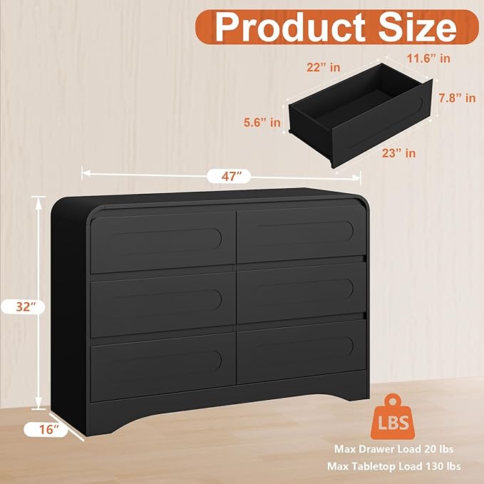 5 Piece Bedroom Sets, Modern Dresser and Nightstand Sets & Bookshelf with Safe Curved Design, Including Tall Bookshelf High & Wide 6 Drawer Dressers and Night Stand Set of 2 for Bedroom, Black