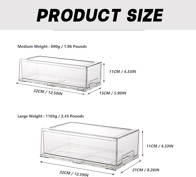 Stackable storage drawers, clear pull-out organizer with handles and non-slip pads for kitchen, refrigerator,office desktop, pantry and shelves, perfect for organization and storage (2 Pack, Large)