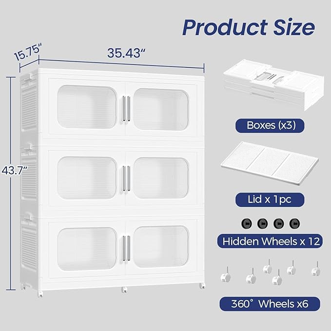 150GAL Extra Large Storage Bins with Lid, 600QT Storage Bins with Wheels, Folding Closet Organizer, Stackable Collapsible Plastic Storage Containers for Home, Office, Kitchen, 3Pack White