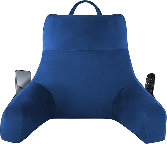 IPYNBAP Back Pillow for Bed Sitting up, Reading Pillow for Sitting in Bed Adult, Back Support Pillow, Memory Foam Sit up Lounge Backrest Pillow with Arms for TV, Couch, Chair, Dorm, 18 Inch, Navy Blue