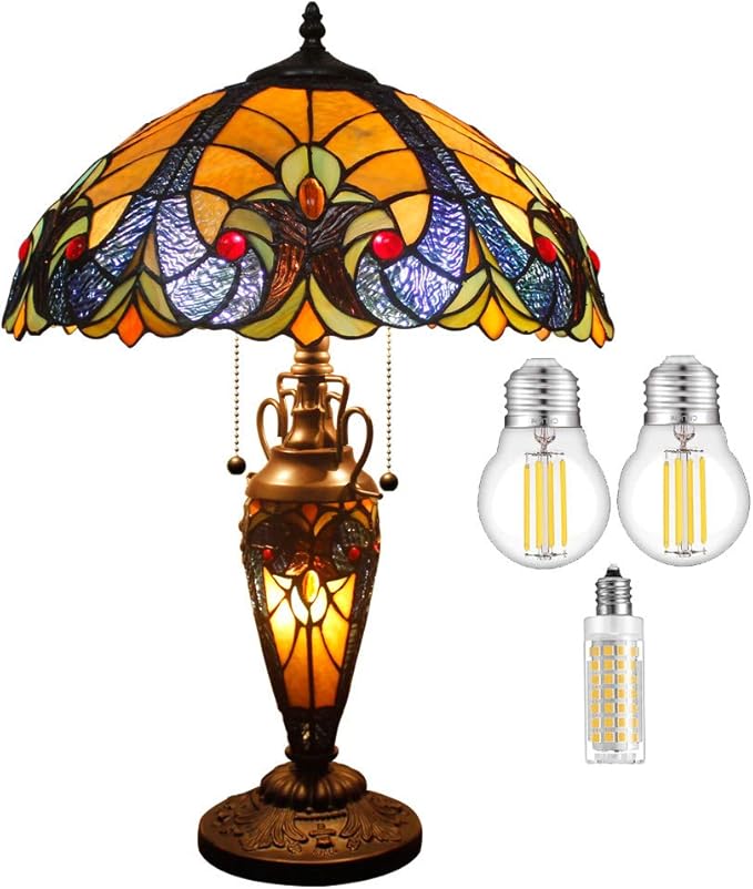 WERFACTORY Tiffany Lamp Yellow Stained Glass Liaison Mather-Daughter Vase Table Lamp 16X16X24 Inch Antique Desk Reading Light Decor Bedroom Living Room Home Office S160E Series