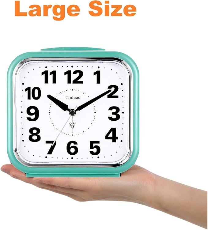 5.5" Large No Ticking Analog Alarm Clock,Silent Readable for Seniors,Easy to Set,Gradual Rise Alarm,Big Numbers,Gentle Wake,Snooze, Lighted on Demand,Battery Operated,Green
