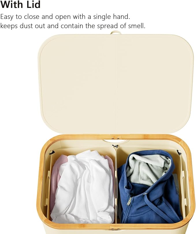 SpaceAid Double Laundry Hamper 2 Section with Lid and Removable Laundry Bags, 160L Clothes Basket with Bamboo Handles, Large Collapsible Hamper for Bedroom, Bathroom, Dorm, Laundry Room - Beige
