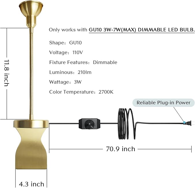 Solfres Patented Innovative Design Headboard Reading Light. No Drilling Golden Book Light for Bedtime Reading. Dimmable LED Book Reading Lamp with Bulb. Movable & Flexible, Gold