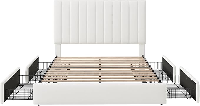 Allewie Queen Size Storage Bed Frame, Vertical Channel Tufted Adjustable Headboard, Velvet Upholstered Platform Bed with 4 Oversized Underbed Drawers, Wooden Slats Support, No Box Spring Needed, White