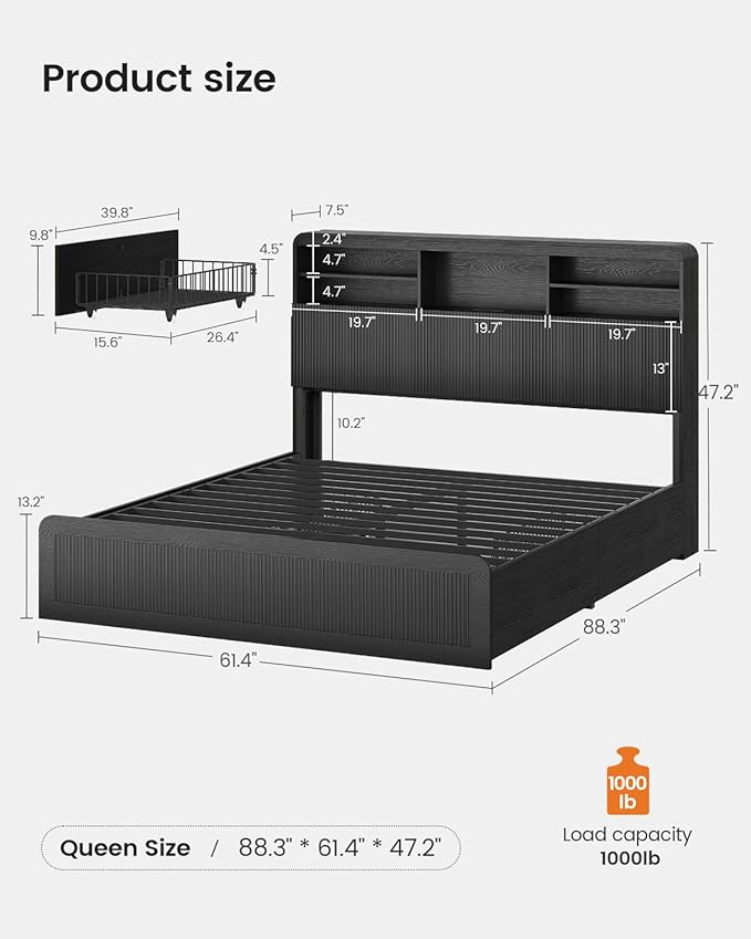 AOGLLATI Queen Bed Frame with 4 Storage Drawers and Hidden Storage Headboard, Black Led Fluted Bed Frame Queen Size with Charging Station and Curved Profile Design,No Box Spring Needed, Black
