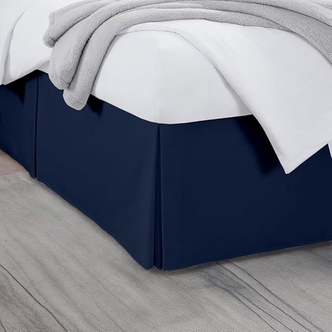 Queen Bed Skirt, Luxury 21 Inch Drop Navy Blue Pleated Bed Skirt, Double Brushed Microfiber, Box Pleat Design, Wrinkle & Fade Resistant, Easy Fit Tailored Bedskirt for Queen Size Beds