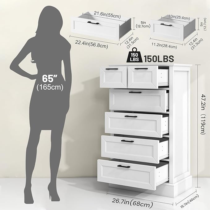 Odeekea White Dresser with 6 Drawers, Vertical Tall Dresser for Bedroom, Chest of Drawers for Nursery, Wood Closet Drawers for Hallway, Living Room, Entryway, 47” Tall Modern Farmhouse Style