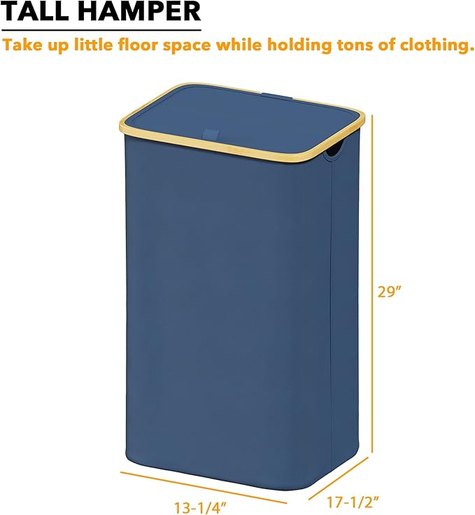 SpaceAid Laundry Hamper with Lid, 110L Large Tall Clothes Basket Bin with Bamboo Handles, Collapsible Laundry Hamper for Bedroom, Bathroom, Dorm, Laundry Room - Blue