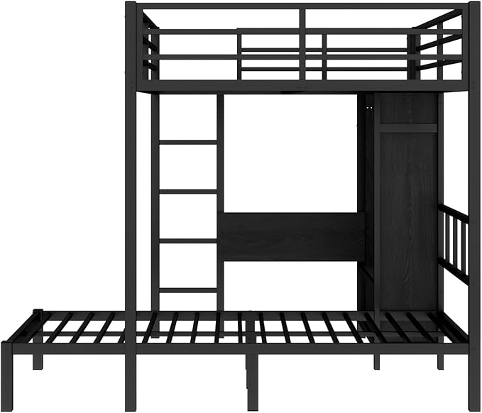 Full XL Over Twin Metal Bunk Bed with Folding Desk, Closet LED,Space-Saving/Noise Reduced, Black Modern Style Multi-Functional Storage Needs Space-Saving Noise Reduced