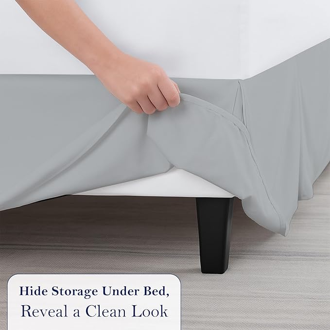 King Bed Skirt, Luxury 21 Inch Drop Light Grey Pleated Bed Skirt, Double Brushed Microfiber, Box Pleat Design, Wrinkle & Fade Resistant, Easy Fit Tailored Bedskirt for King Size Beds