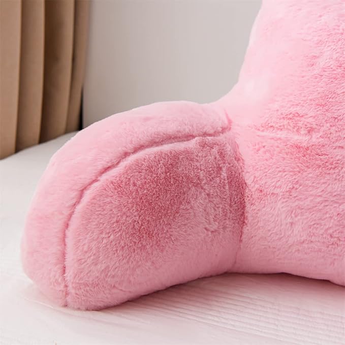 Holawakaka Standard Faux Fur Bed Rest Pillow with Arms, Rabbit Fur Reading Pillows Perfect for Adults, Teens, Kids, Arm, Back, Pregnancy Lumbar & Head Neck Coccyx Lower Back Support Cushion (Pink)