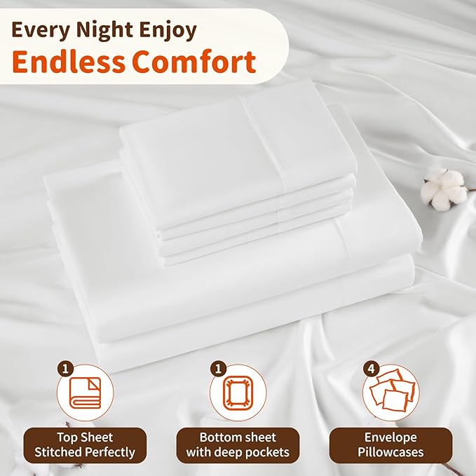 LBRO2M 1000 Thread Count 100% Egyptian Cotton Sheets Set 6 Piece Sets King Bed Sheet Deep Pocket Sheet Set 16" Soft Comfortable All Season (King, White)