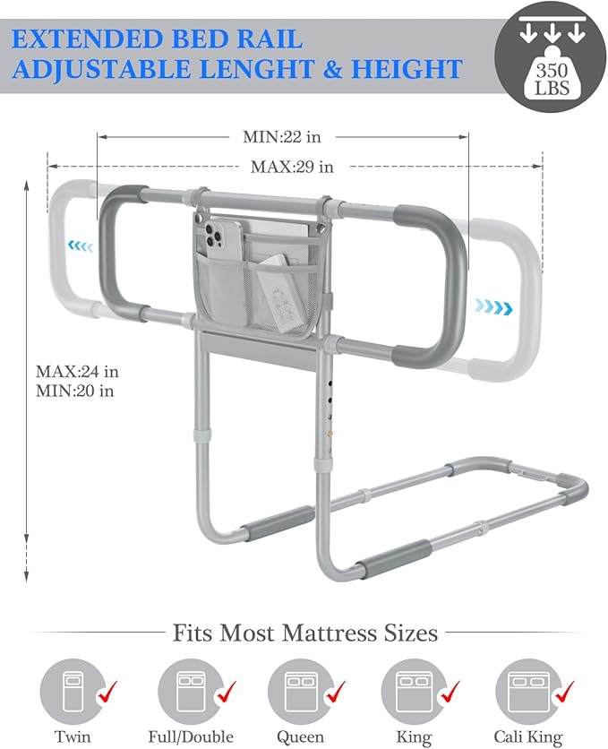 Bed Rails for Elderly Adults Safety, Extended Bed Assist Rail for Seniors with Motion Sensor Light - Adjustable Side Bed Guard Rails Handle Support Bar with Storage Bag, Fit King Queen Full Twin Beds