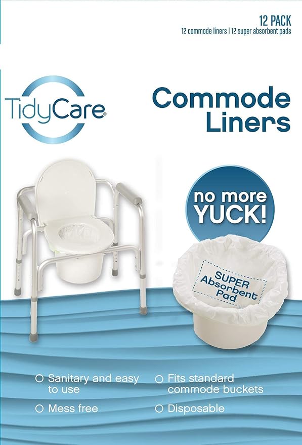 TidyCare Disposable Bedside Commode Liners and Pads for Portable Toilet Chair Seat Bucket and Bedpan | Combo Pack of 12 Waste Bags and 12 Absorbent Pads | Universal Fit