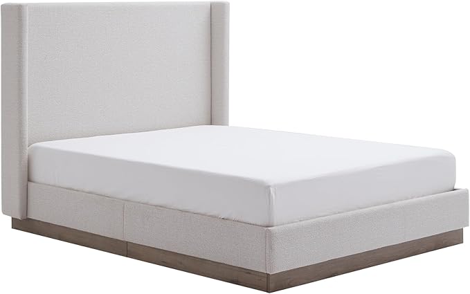 Full Size Upholstered Platform Bed Frame, 52.5" Tall Headboard Hosford Wingback Bedframes, Wood Base Floor Beds, No Box Spring Needed, No Noise, Minimalist, Cream White Boucle