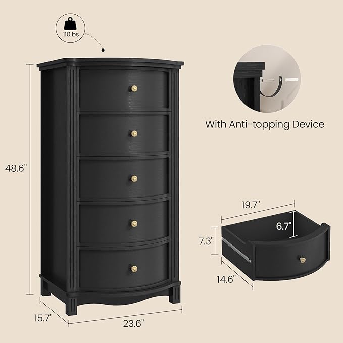 AuraCurve Tall 5-Drawer Chest, Elegant Dresser with Five Arc Fronts, Roman Column Decor, Slim Floor Standing Storage Cabinet, 48.6x23.6x15.7 Inches(Black, 5 Drawer)