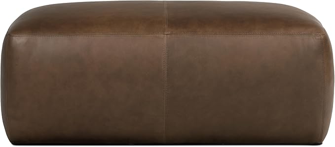 Poly & BARK Denver Ottoman – 43" Large Pouf with Feather-Down Topper – Full-Grain Leather Upholstered Pouf Ottoman for Living Room – Vintage Italian Leather in Cocoa Brown